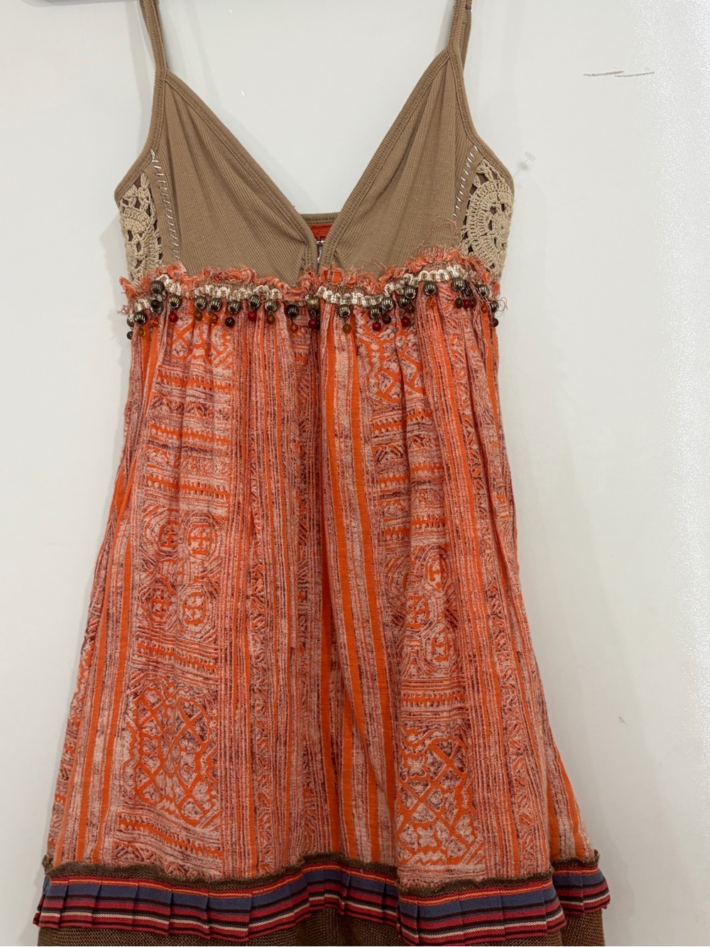 Free People Orange Patterned Sundress with Tan Crochet Bodice